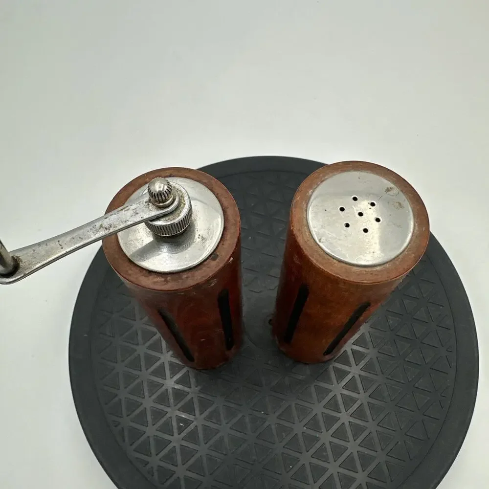 Vintage Mid-Century Modern Wood Cylinder Teak Salt & Pepper Grinder Shaker Set